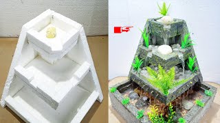 Homemade Styrofoam and cement mini water fountain  waterfall