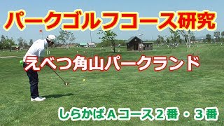 パークゴルフ コース研究「1打目はミス・寄せとパットで3点キープ」えべつ角山パークランド「しらかばA 2番・3番」