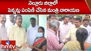 నెల్లూరు జిల్లాలో పెన్షన్లు పంపిణి చేసిన మంత్రి నారాయణ |Minister Narayana Distributes Pensions |hmtv