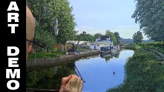 Oil painting of Farncombe boathouse