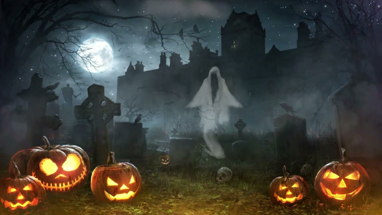 Haunted Graveyard Halloween Ambience With Spooky Mansion By The