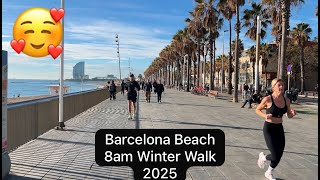 Como es Barceloneta a las 8 de la Mañana en Invierno⛱️🏝️ Barcelona Beach 8am Winter Walk 2025.