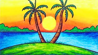 Scenery Drawing | Drawing Sunset Scenery Step by Step with Oil Pastels