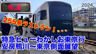 【ラストラン車窓】2024年9月8日　255系Be-03編成　臨時特急ビューわかしお東京行安房鴨川駅〜東京駅間進行右側側面展望