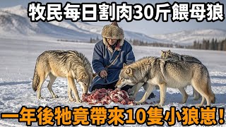 懷孕母狼饑寒交迫向牧民下跪討食，男人好心每日投餵30斤生肉，一年後母狼竟拖家帶口來報恩！#感動 #真實故事 #救助 #心靈飼養員