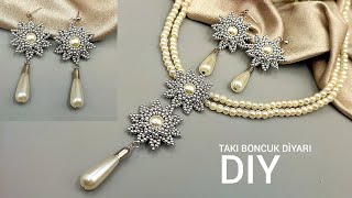 Pearl necklace and Earrings. Easy to make beaded Necklace & Earrings.İnci kolye & küpe yapımı.#diy