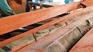 the process of cutting red stone Meranti wood for beam materials and others