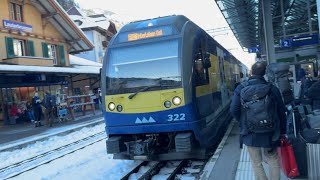 SWISS MOUNTAIN RAILWAY IN SNOW! BEAUTIFUL Ride on the BOB Trains from Lauterbrunnen to Interlaken!