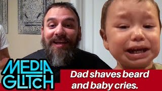Dad shaves his beard and baby cries.