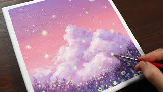 Pink Clouds over Flower Fields / Easy acrylic painting for beginners / PaintingTutorial