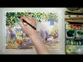 watercolor painting garden with sunbeams 木漏れ日の庭　水彩画