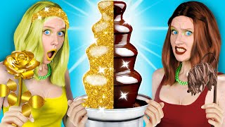 RICH VS POOR CHOCOLATE FOUNTAIN FONDUE CHALLENGE! Trying Everything with CHOCOLATE Food for 24 Hours