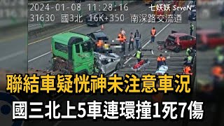 聯結車疑恍神未注意車況　國三北上5車連環撞1死7傷－民視新聞