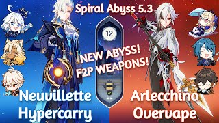 NEW Spiral Abyss 5.3! C0 NEUVILLETTE HYPERCARRY x C0 ARLECCHINO OVERVAPE | Floor 12 | Genshin Impact