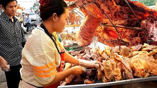 Hardworking couple selling roast pig \u0026 pork chops - Cambodian street food