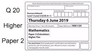 Q20 Edexcel GCSE maths 2019 higher paper 2