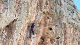 Climbing the crux section on Akira, 7b (El Chorro, Spain)