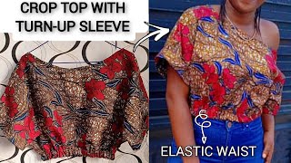 How To Cut and Sew Elastic Waist Crop Top with Turn-Up Sleeve || One Side Off Shoulder Top