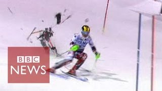 Drone narrowly misses skier Marcel Hirscher during slalom race  - BBC News