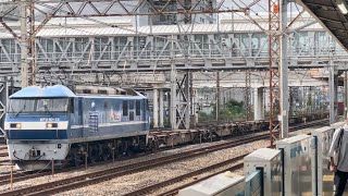 JR貨物EF210形0番台13号機（新塗装）＋コキ19B（両）が鶴見駅を通過するシーン（5082レ・岡A11・コンテナ輸送）2024.9.24