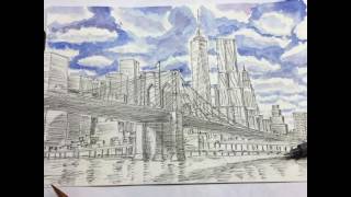 Brooklyn bridge and freedom tower  are drawn with ink pen and are painted watercolor