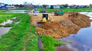 New Video!! Action Project Filling Land By DozerKOMATSU D51PX Push And Clearing Stone Into Water