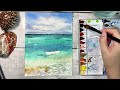 tropical beach turquoise seascape with a boat in watercolor landscape relaxing painting step by step