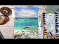 tropical beach turquoise seascape with a boat in watercolor landscape relaxing painting step by step