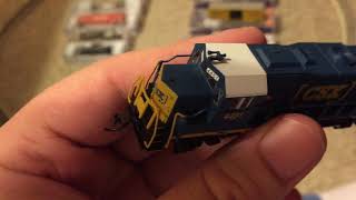 N scale Review: Bachmann CSX GP40, Atlas CSX GP15-1 and Exactrail trinity 6275 TTX plug door boxcars