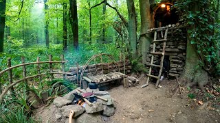 7 Days SOLO SURVIVAL CAMPING In RAIN Forest. Building a WOOD and ROCK 2 STOREY SHELTER. Cooking