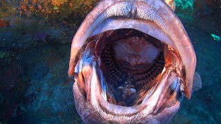 Corse  Un mérou ouvre sa gueule juste devant la camera Mérou de Méditerranée  Epinephelus marginatus