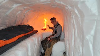 Dugout Shelter Under 10ft (3m) of Snow - Solo Camping in Survival Shelter During