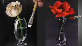 POPPY AND TULIPE PAINTING / ACRYLIC PAINTING STEP BY STEP / PAINTING TRANSPARENT VASES