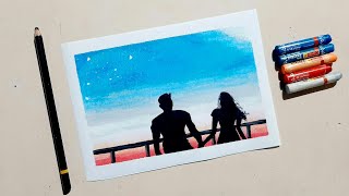 Beautiful Couple Scenery Drawing with Oil Pastels / Step by step