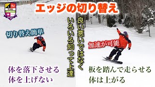 エッジの切り替えで体は上がる？上らない？【切り替え重視と速度重視】切り替え重視なら体を上げずに落下させよう。加速させるように板を踏んで走らせると自然と体は上がるもの。この上下の動きが速度に繋がる！