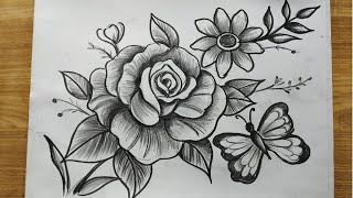 how to draw flowers & butterfly with pencil sketch,rose flower drawing,butterfly drawing,