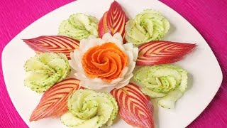 Lovely Garnish Of Carrot & Cucumbers Rose Flowers with Apple & Onion Design Idea