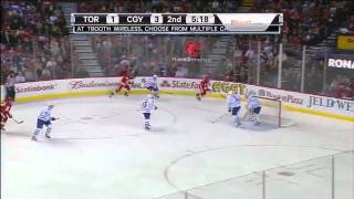 Dion Phaneuf knocks 2 Flames off bench 2/14/12