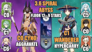 C0 Cyno Aggravate & C1 Wanderer Hypercarry - 3.6 Spiral Abyss Floor 12, 9* | Genshin Impact