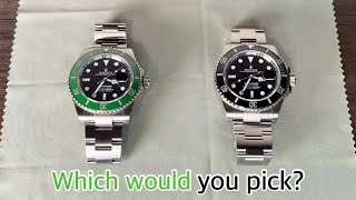 Comparison of two Rolex Submariner Dates. Green bezel Kermit Starbucks vs black bezel #rolex