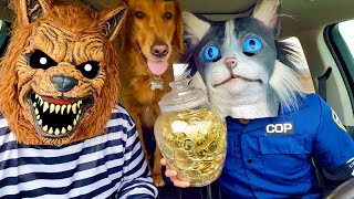 Wolf Surprises Cat and Puppy with Car Ride Chase!