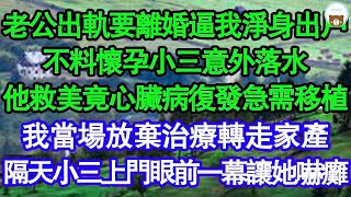 老公出軌要離婚逼我淨身出戶，不料懷孕小三意外落水，他救美竟心臟病復發急需移植，我當場放棄治療轉走家產，隔天小三上門眼前一幕讓她嚇癱 真情故事會__老年故事__情感需求__愛情_