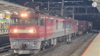 【ジョイント音最高！】JR貨物EH500形21号機＋コキ20B（両）が大宮駅10番線を超低速通過するシーン（95レ・仙貨A147・コンテナ輸送）2024.11.30