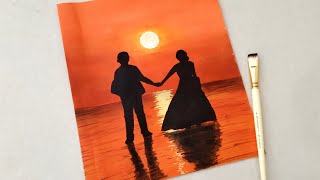 A Romantic couple on sea beach painting || Loving couple Sunset scenery painting ||