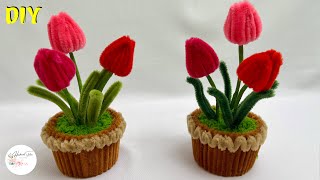 DIY Flower - How to make a Tulips mini Pot with Pipe cleaner ( chenille )#hmstation