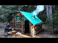 Building a Off Grid Log Cabin - Warm Survival Shelter in Forest - Bushcraft Camping