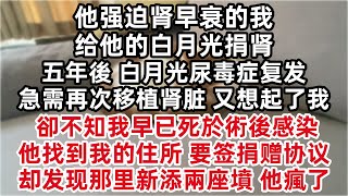 他强迫肾早衰的我给他的白月光捐肾。五年後，他白月光尿毒症复发，急需再次移植肾脏，又想起了我。卻不知我早已死於五年前的術後严重感染。他找到我住的住所，想让我签捐赠协议，却发现那里新添兩座墳，他瘋了