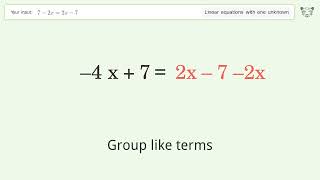 Linear equation with one unknown: Solve 7-2x=2x-7 step-by-step solution