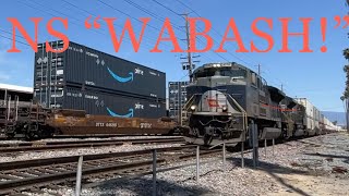 NS 1070 “Wabash” and BNSF 6935 K5HLA unit pass Mission Inn Avenue, 4/6/2023