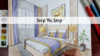 How to Draw A Bedroom in Two Point Perspective | No ruler Challenge | Step By Step